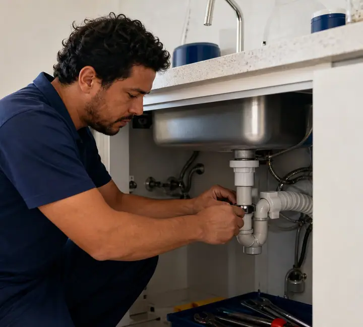 Bombeiro hidráulico realizando reparo residencial